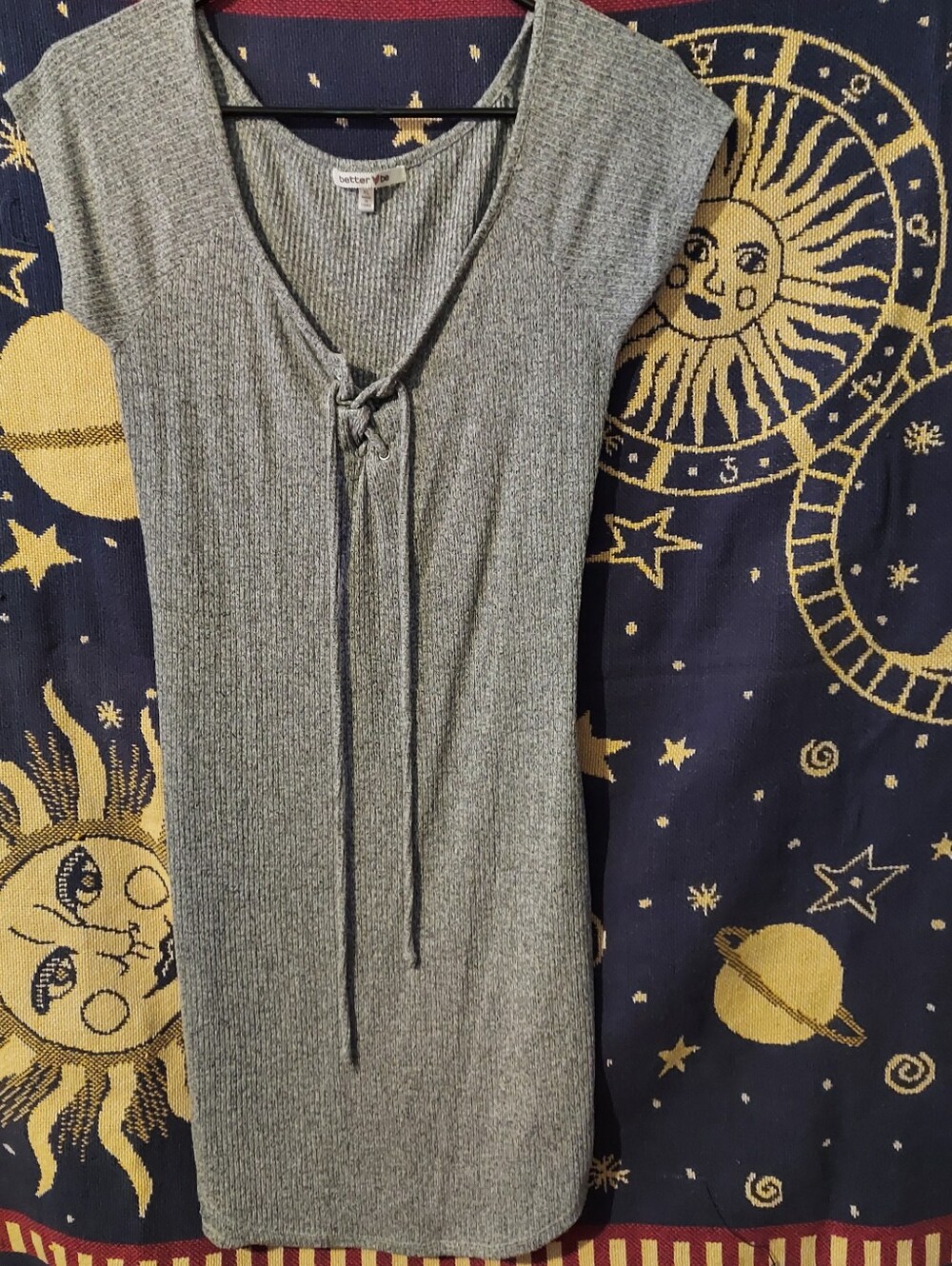 Gray Ribbed Tie-Front Midi Dress
